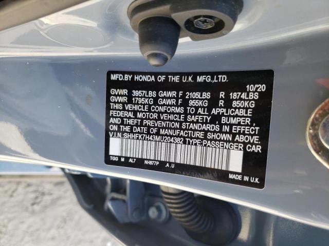 SHHFK7H43MU204382 - 2021 HONDA CIVIC SPOR GRAY photo 10