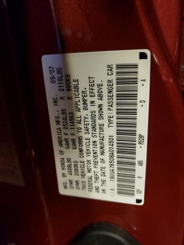 19UUA76508A014501 - 2008 ACURA TL TYPE S RED photo 10