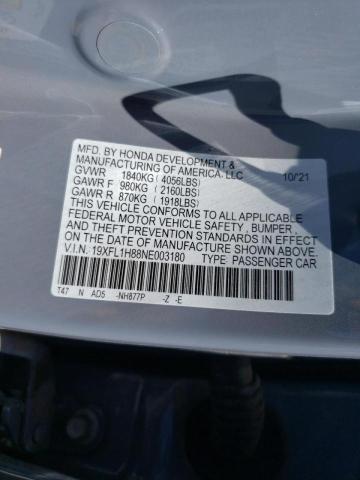 19XFL1H88NE003180 - 2022 HONDA CIVIC SPOR 灰色 照片 10