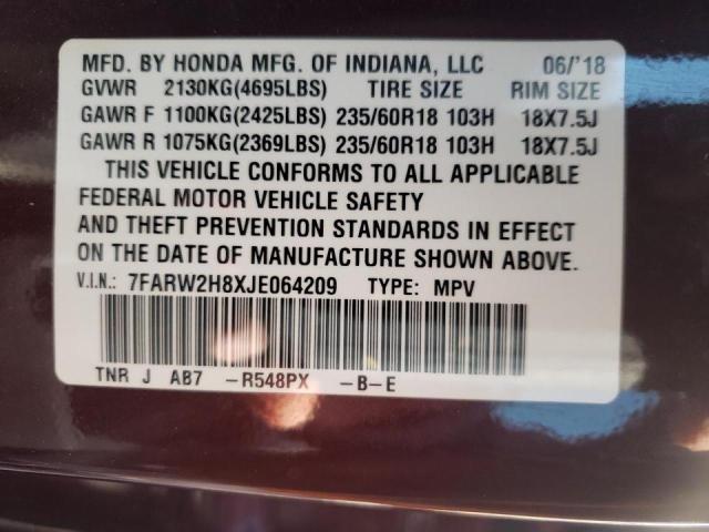 7FARW2H8XJE064209 - 2018 HONDA CR-V EXL MAROON photo 10