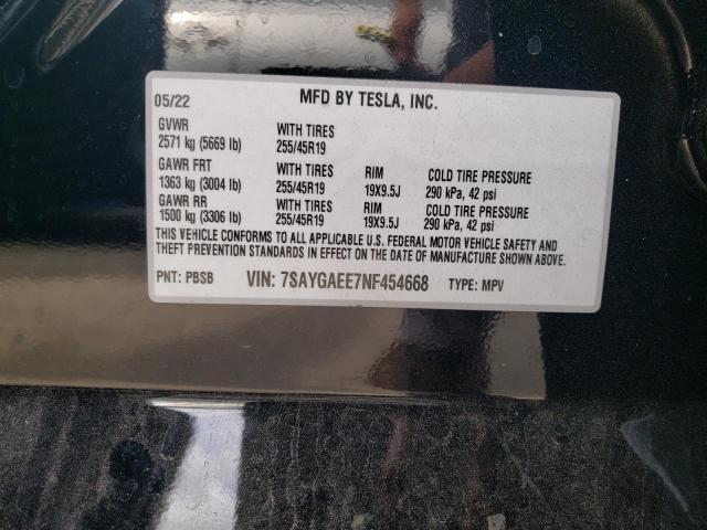7SAYGAEE7NF454668 - 2022 TESLA MODEL Y أسود صورة 10