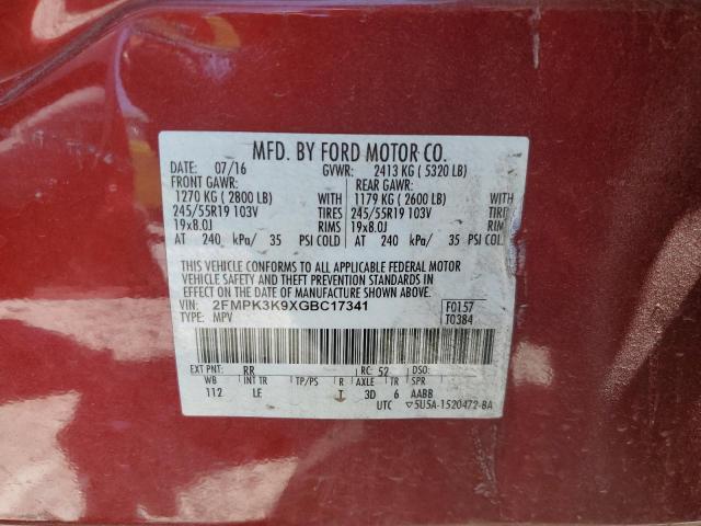 2FMPK3K9XGBC17341 - 2016 FORD EDGE TITAN RED photo 10