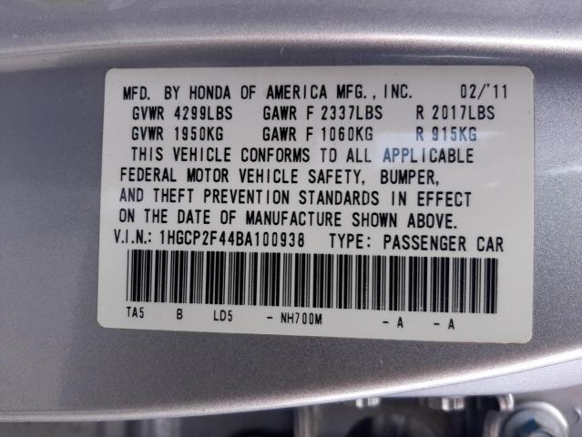 1HGCP2F44BA100938 - 2011 HONDA ACCORD LXP SILVER photo 10