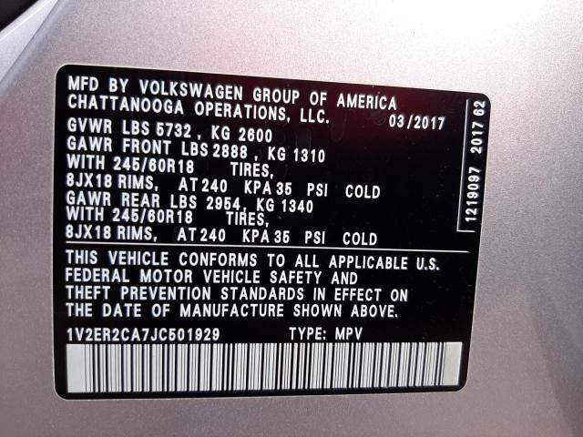 1V2ER2CA7JC501929 - 2018 VOLKSWAGEN ATLAS SEL Gümüş foto 10