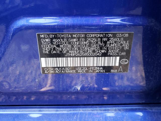 JTHBP262585002042 - 2008 LEXUS IS-F BLUE photo 10