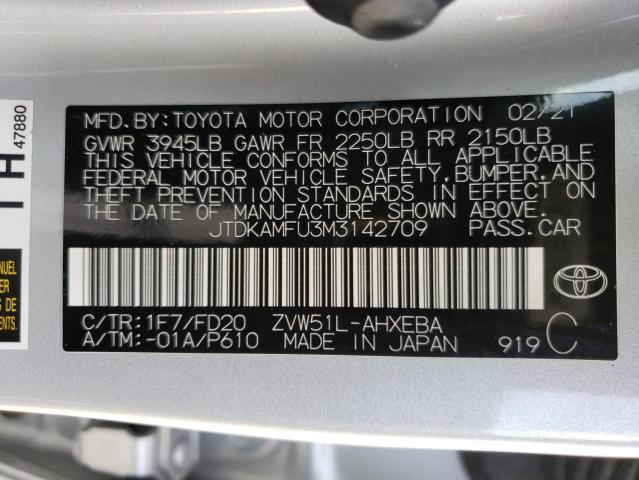 JTDKAMFU3M3142709 - 2021 TOYOTA PRIUS SPEC SILVER photo 10