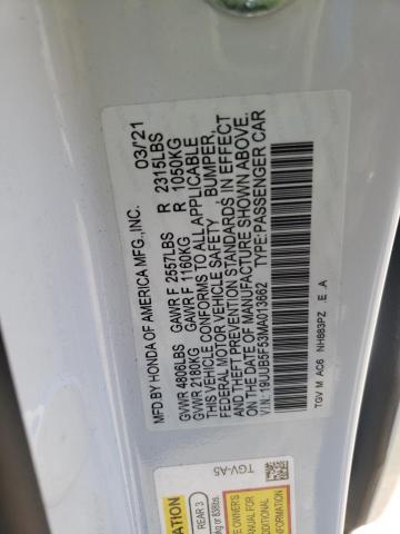 19UUB5F53MA013662 - 2021 ACURA TLX TECH A WHITE photo 10