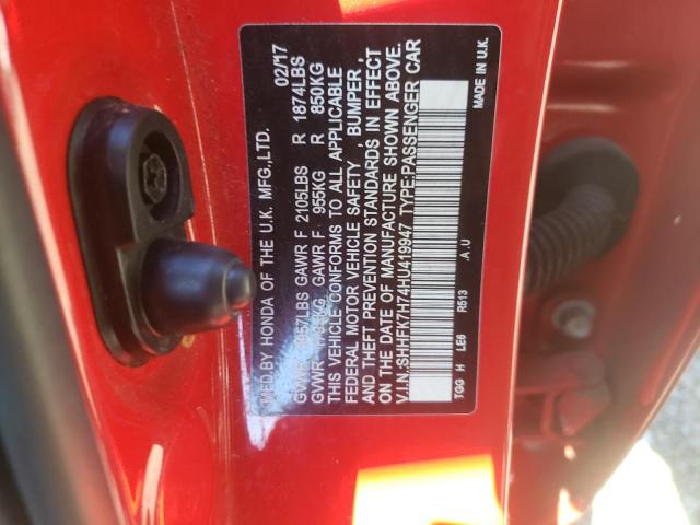 SHHFK7H74HU419947 - 2017 HONDA CIVIC EXL 红色 照片 10