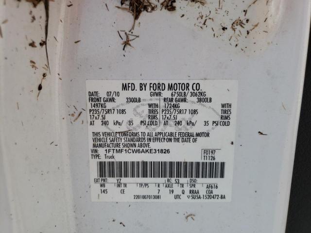 1FTMF1CW6AKE31826 - 2010 FORD F150 WHITE photo 10