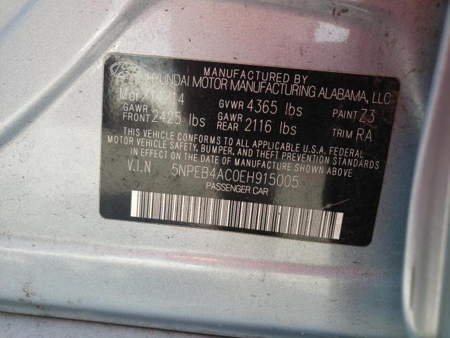 5NPEB4AC0EH915005 - 2014 HYUNDAI SONATA GLS SILVER photo 10