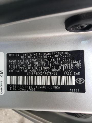 4T4BF3EK0AR076462 - 2010 TOYOTA CAMRY BASE SILVER photo 10