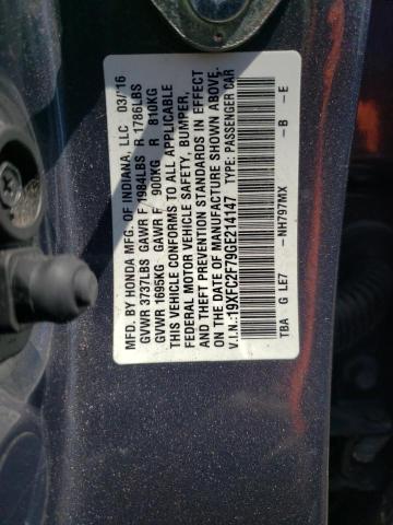 19XFC2F79GE214147 - 2016 HONDA CIVIC EX GRAY photo 10