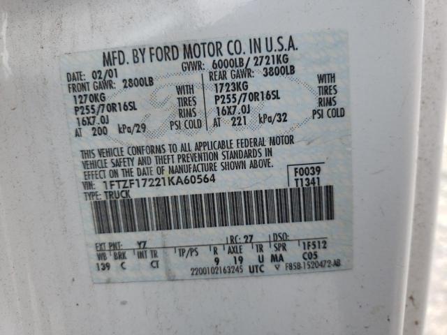 1FTZF17221KA60564 - 2001 FORD F-150 WHITE photo 10