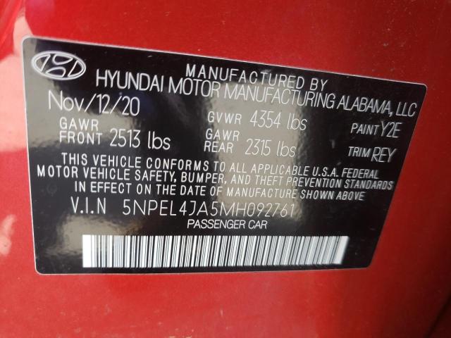 5NPEL4JA5MH092761 - 2021 HYUNDAI SONATA SEL RED photo 10