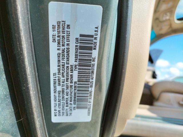 4S3BH806927639735 - 2002 SUBARU LEGACY OUT GREEN photo 10