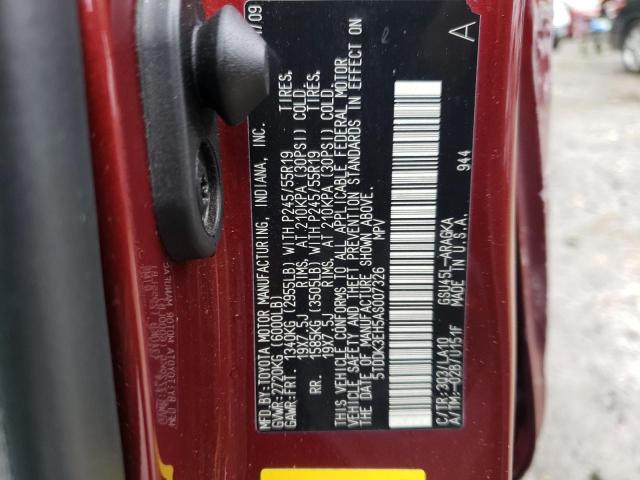 5TDDK3EH5AS007326 - 2010 TOYOTA HIGHLANDER BURGUNDY photo 10