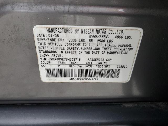 JNKAJ09E78M303716 - 2008 INFINITI EX35 BASE GRAY photo 10