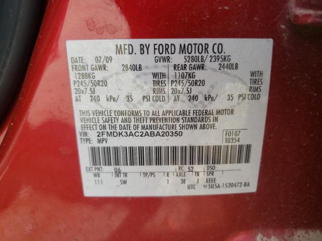 2FMDK3AC2ABA20350 - 2010 FORD EDGE SPORT RED photo 10