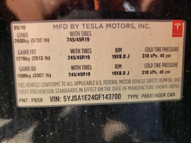 5YJSA1E24GF143700 - 2016 TESLA MODEL S Qara foto 10