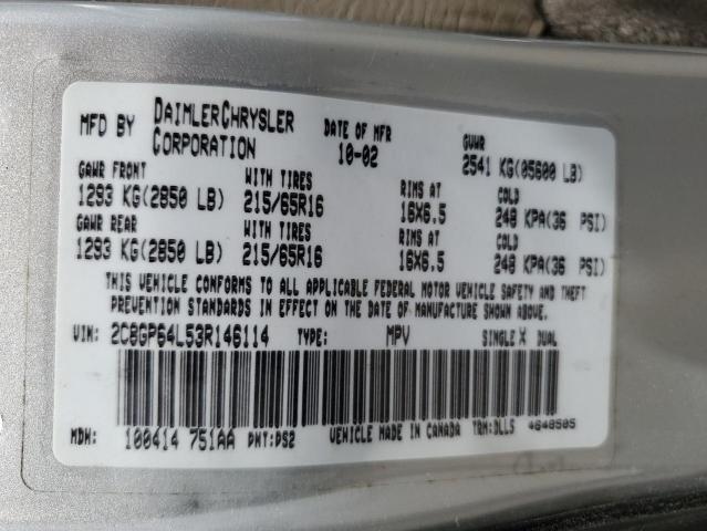 2C8GP64L53R146114 - 2003 CHRYSLER TOWN & COU SILVER photo 10