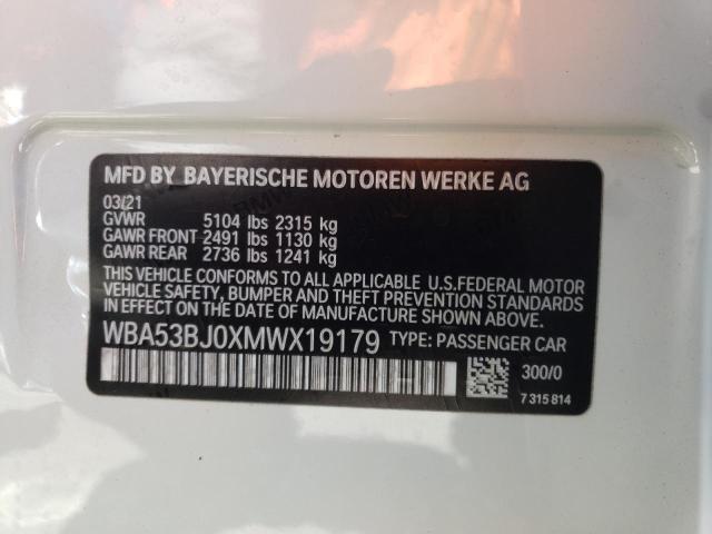 WBA53BJ0XMWX19179 - 2021 BMW 540 I WHITE photo 10