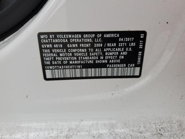 1VWDT7A31HC071161 - 2017 VOLKSWAGEN PASSAT R-L WHITE photo 10