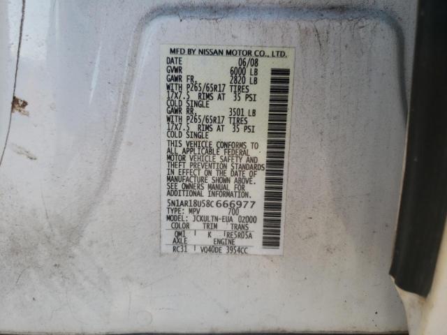 5N1AR18U58C666977 - 2008 NISSAN PATHFINDER WHITE photo 10