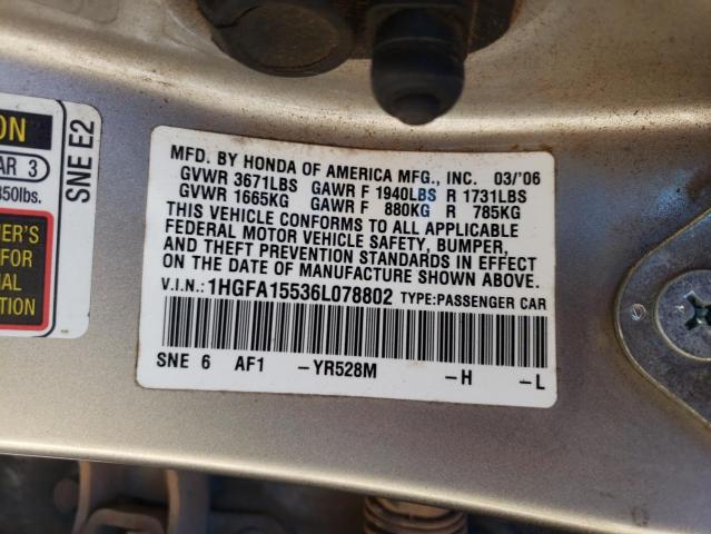 1HGFA15536L078802 - 2006 TOYOTA ACCORD GOLD photo 10