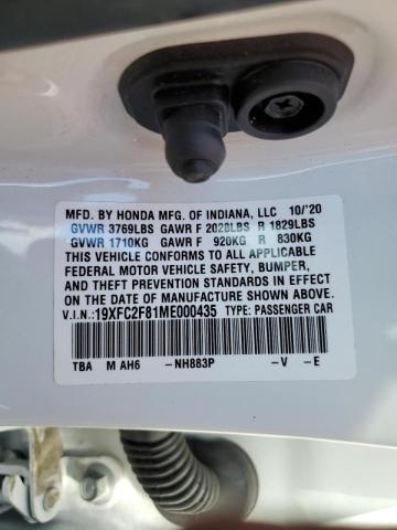 19XFC2F81ME000435 - 2021 HONDA CIVIC SPOR WHITE photo 10