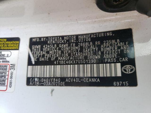 4T1BE46KX7U501390 - 2007 TOYOTA CAMRY CE/L WHITE photo 10