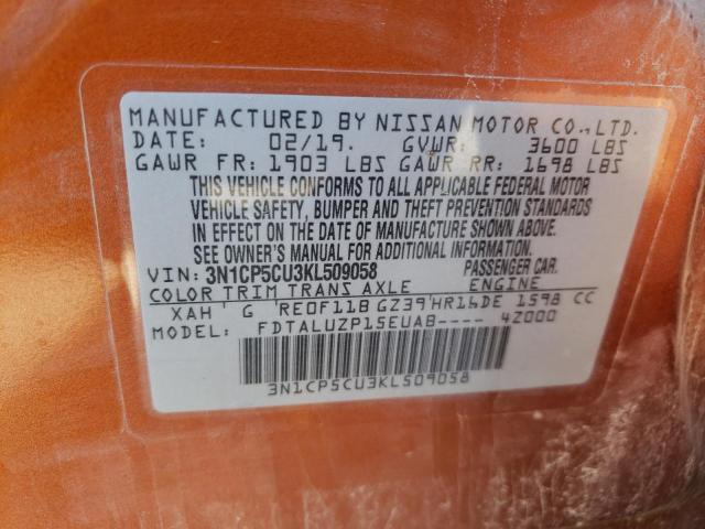 3N1CP5CU3KL509058 - 2019 NISSAN KICKS S ORANGE photo 10