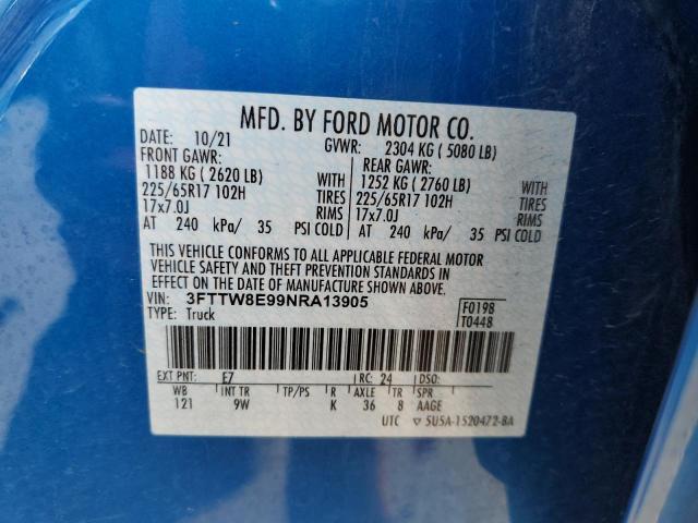 3FTTW8E99NRA13905 - 2022 FORD MAVERICK X BLUE photo 10