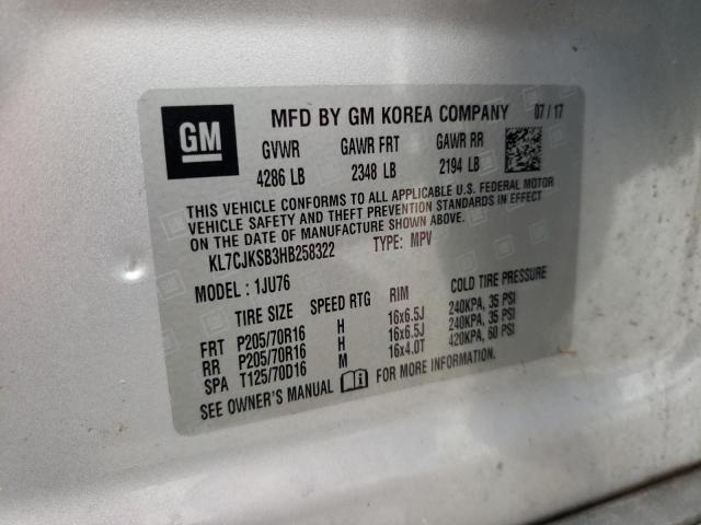 KL7CJKSB3HB258322 - 2017 CHEVROLET TRAX LS SILVER photo 10