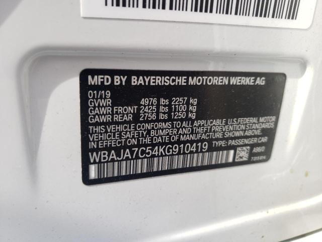 WBAJA7C54KG910419 - 2019 BMW 530 XI WHITE photo 10