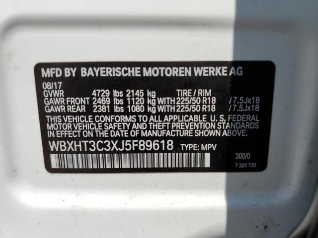 WBXHT3C3XJ5F89618 - 2018 BMW X1 XDRIVE2 WHITE photo 10