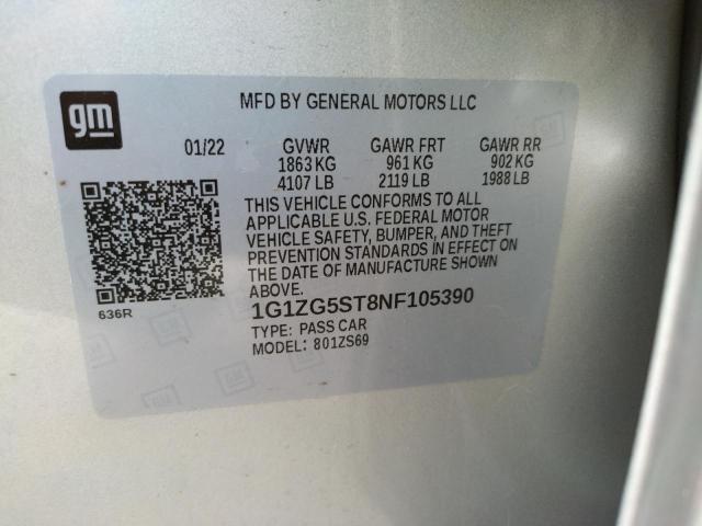 1G1ZG5ST8NF105390 - 2022 CHEVROLET MALIBU RS SILVER photo 10