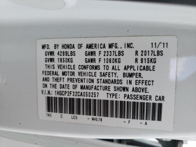 1HGCP2F32CA050257 - 2012 HONDA ACCORD LX WHITE photo 10