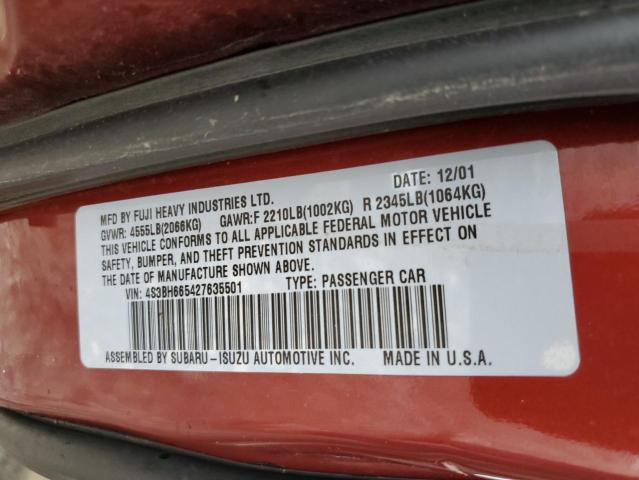 4S3BH665427635501 - 2002 SUBARU LEGACY OUT BURGUNDY photo 10