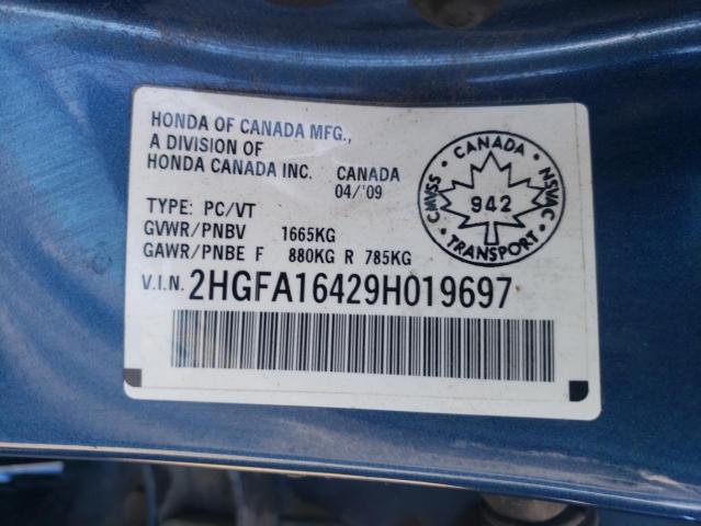 2HGFA16429H019697 - 2009 HONDA CIVIC DX-G BLUE photo 10