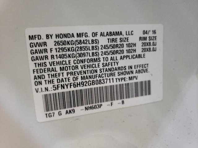 5FNYF6H92GB083711 - 2016 HONDA PILOT TOURING  photo 10