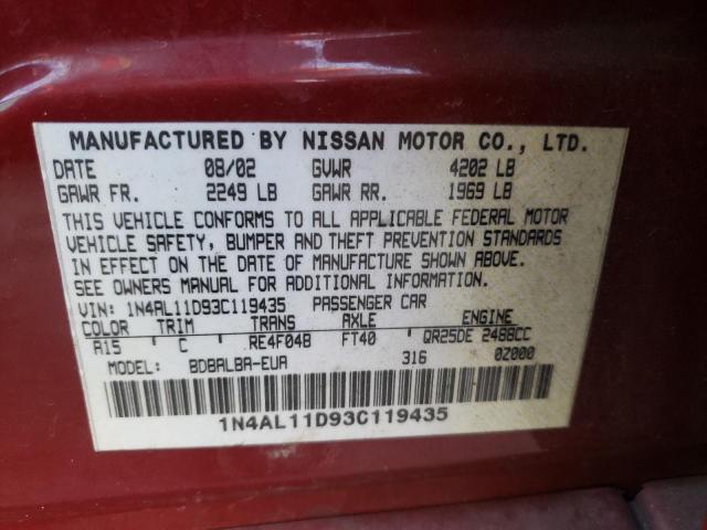 1N4AL11D93C119435 - 2003 NISSAN ALTIMA BAS RED photo 10