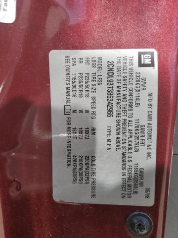 2CNDL937386342966 - 2008 CHEVROLET EQUINOX SP MAROON photo 10