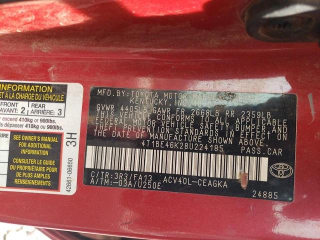 4T1BE46K28U224185 - 2008 TOYOTA CAMRY CE RED photo 10