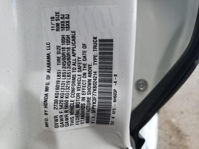 5FPYK3F77KB024214 - 2019 HONDA RIDGELINE RTL  photo 10