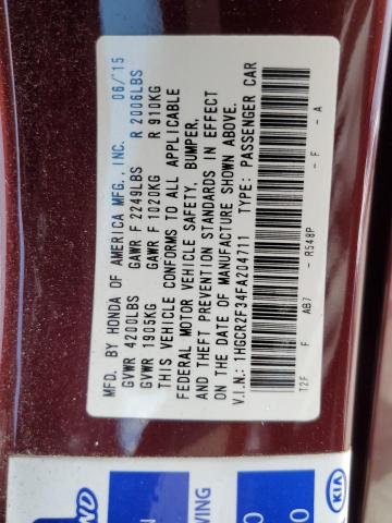 1HGCR2F34FA204711 - 2015 HONDA ACCORD LX BURGUNDY photo 10