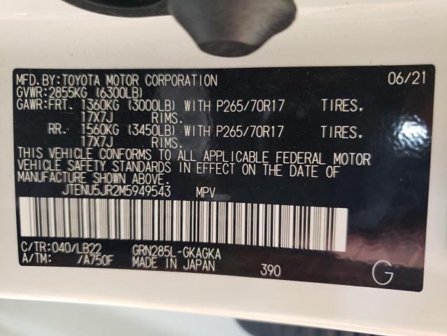 JTENU5JR2M5949543 - 2021 TOYOTA 4RUNNER SR WHITE photo 10