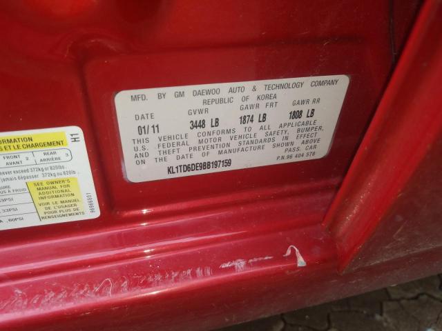 KL1TD6DE9BB197159 - 2011 CHEVROLET AVEO LS 红色 照片 10