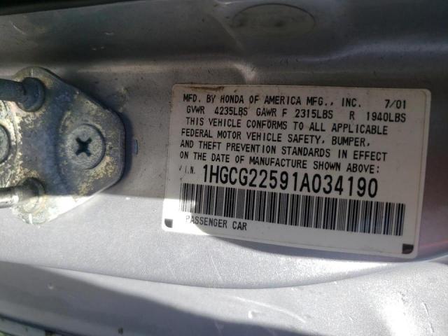 1HGCG22591A034190 - 2001 HONDA ACCORD EX SILVER photo 10