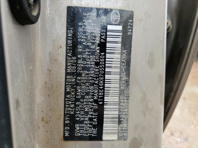 4T1BE46K67U550604 - 2007 TOYOTA CAMRY CE BEIGE photo 10