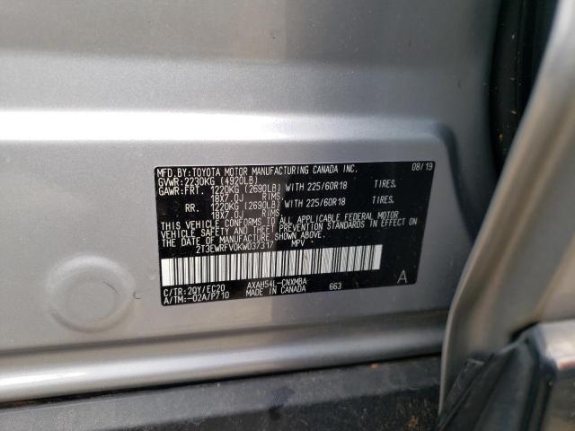 2T3EWRFV0KW037317 - 2019 TOYOTA RAV4 XSE SILVER photo 10